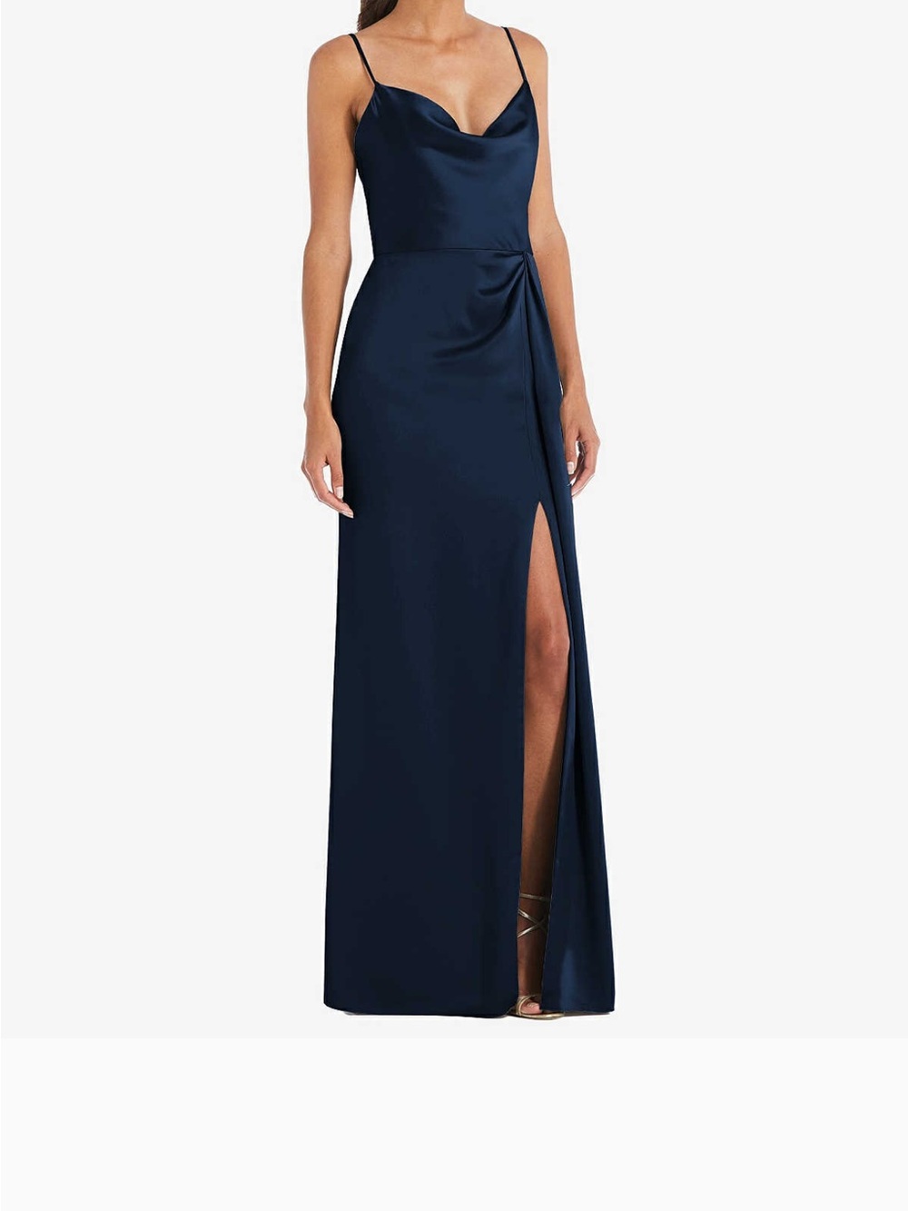 Navy Satin Cowl Neck Spaghetti Strap Gown